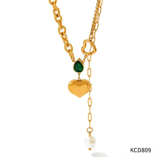Collar Corazón Verde y Perla